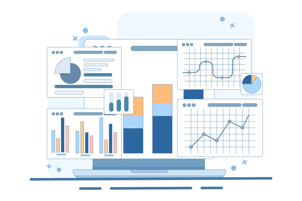 Illustration of SEO strategy with search engine icons, charts, and a Shopify storefront, symbolizing how merchants can improve e-commerce SEO.