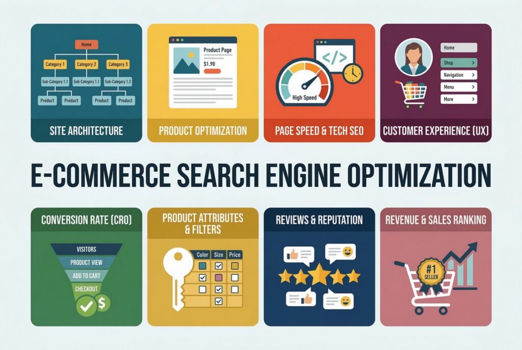 Header image for the article “Shopify Merchant’s Guide to e-Commerce SEO,” showing digital marketing icons, analytics graphs, and a search bar concept to represent optimizing Shopify stores for higher search engine visibility and increased online sales.