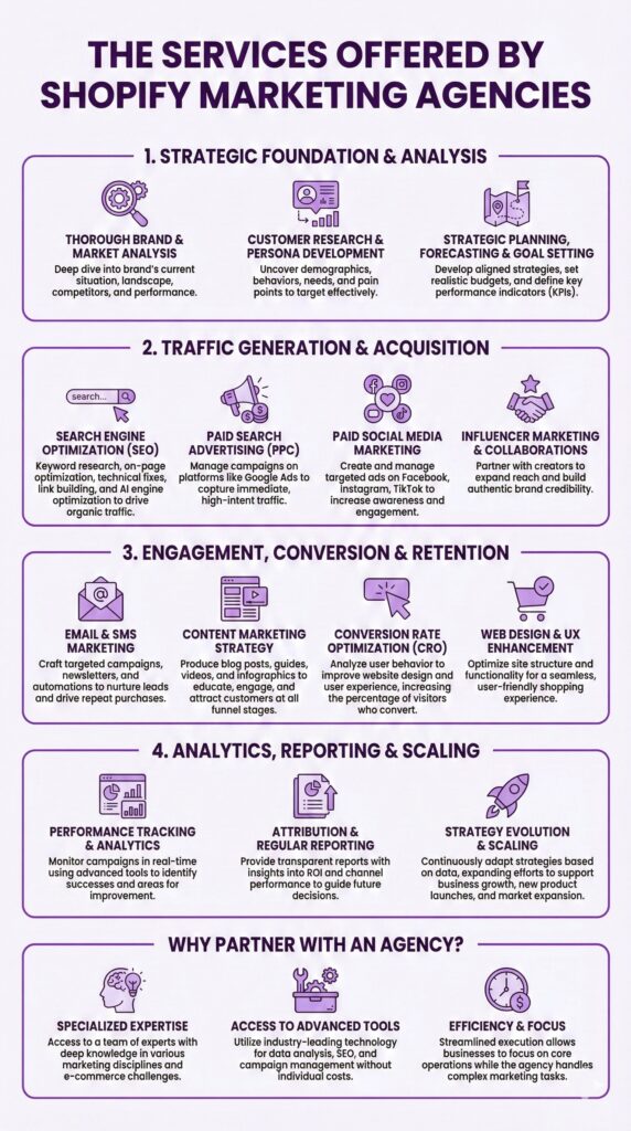Infographic listing Shopify Marketing Agency services including search engine optimization, pay-per-click advertising, email marketing automation, SMS marketing, social media management, conversion rate optimization, A/B testing, influencer marketing, affiliate program management, and retargeting campaigns.