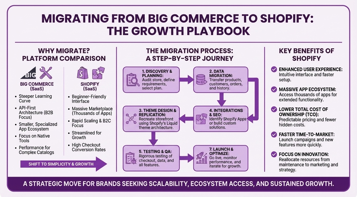 BigCommerce to Shopify migration process infographic displaying 7-step journey from discovery and planning through data migration, theme design, integrations, testing, and launch optimization, emphasizing Shopify benefits including enhanced user experience, massive app ecosystem, lower total cost of ownership, faster time-to-market, and ability to focus on innovation over maintenance