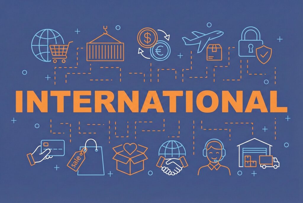 International ecommerce header graphic for Shopify global expansion guide featuring interconnected icons representing cross-border selling elements including global shopping cart, shipping container, currency exchange between dollars and euros, international air freight, secure payments, credit card transactions, sale tags, package fulfillment, worldwide partnerships, customer service support, and warehouse logistics for merchants scaling with Shopify Markets or Expansion Stores