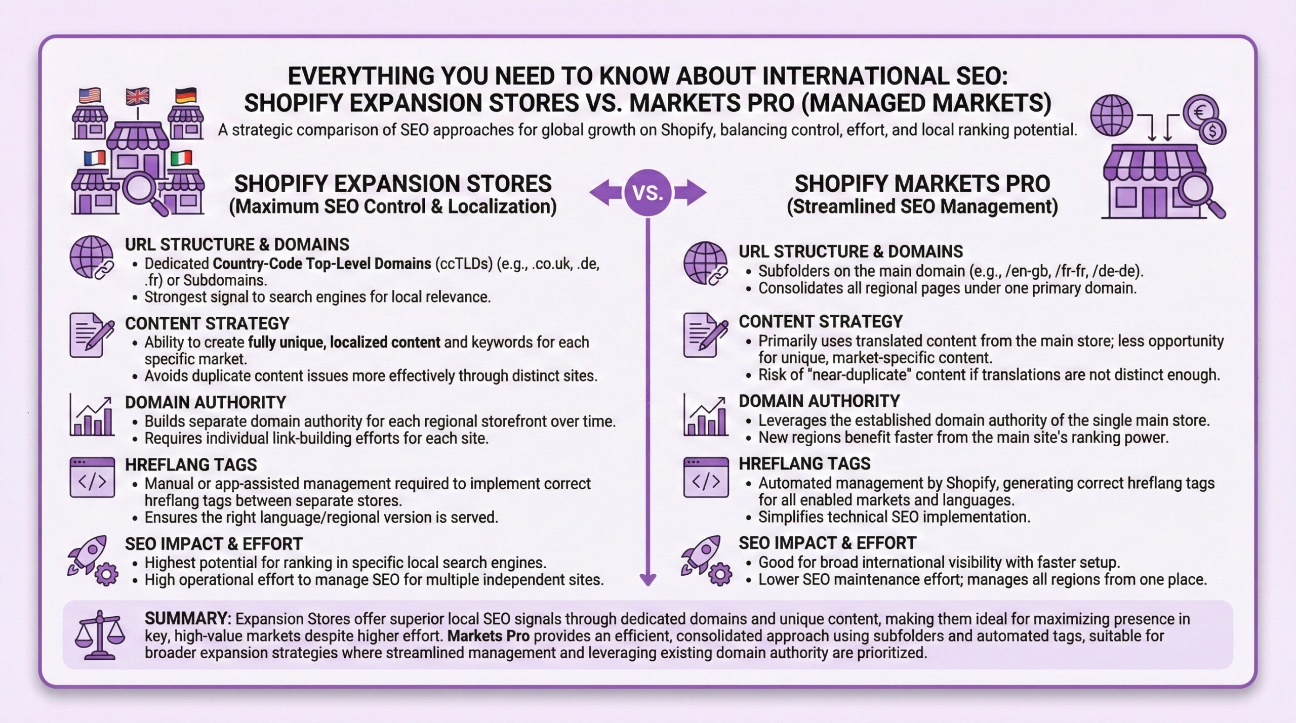 Shopify international SEO comparison infographic showing Expansion Stores versus Markets Pro strategies for global ecommerce growth, comparing URL structure and domains including ccTLDs and subfolders, content strategy for localization, domain authority building approaches, hreflang tag implementation methods, and overall SEO impact and effort requirements for merchants scaling across multiple countries and regions