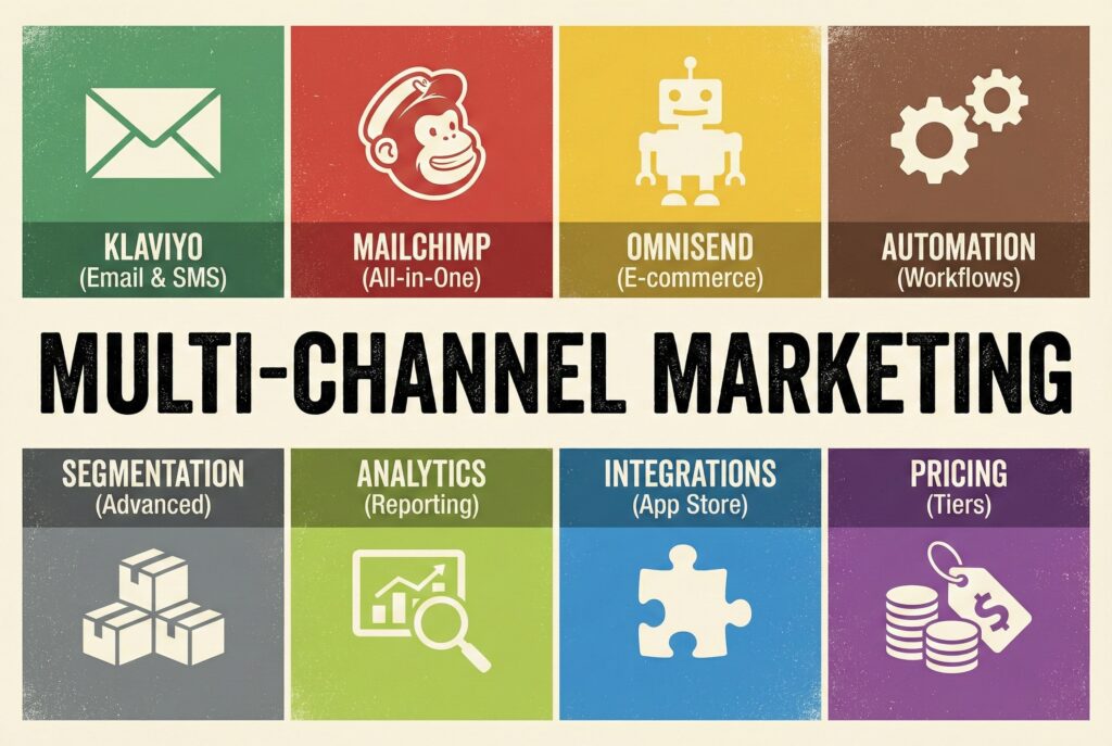 Illustrated grid graphic depicting multi-channel marketing concepts for Shopify Merchants and e-commerce retailers, featuring iconographic representations of CRMs like Klaviyo for email and SMS, Mailchimp as all-in-one, Omnisend for multi-channel marketing focus, plus supporting elements for automation workflows, advanced segmentation, analytics reporting, app store integrations, and tiered pricing structures