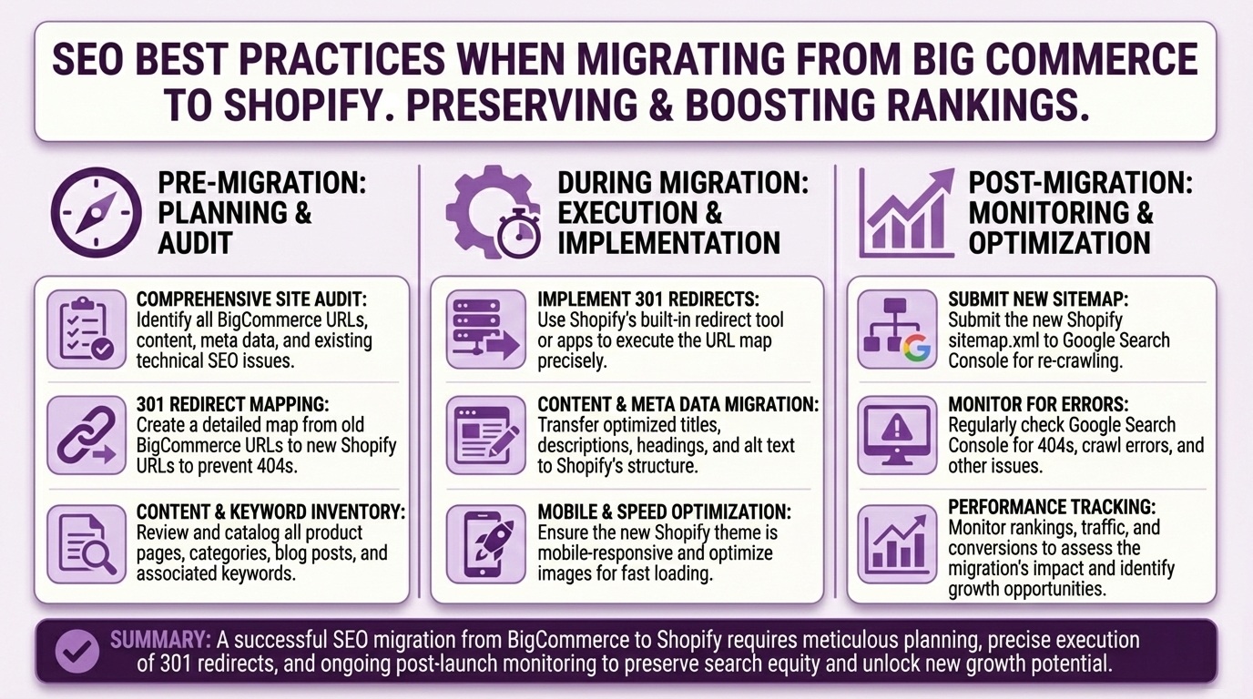 Search Engine Optimization (SEO) migration best practices infographic for BigCommerce to Shopify platform switch showing pre-migration planning with comprehensive site audit and 301 redirect mapping, during-migration execution including content transfer and mobile optimization, and post-migration monitoring through Google Search Console for preserving search rankings and identifying growth opportunities