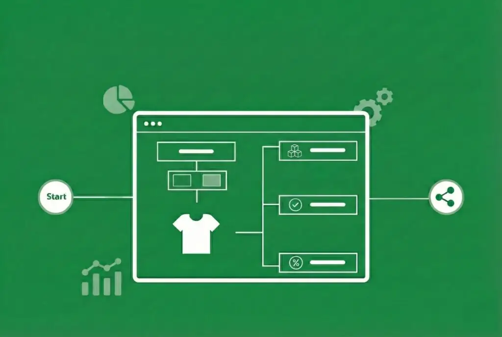 Blog header illustration on green background showing a stylized Shopify Plus store interface with product workflow diagram, featuring a t-shirt product connected to inventory management, verification, and discount modules, surrounded by icons representing analytics, automation triggers, sharing integrations, and growth charts, visualizing the underutilized Shopify Plus features like Flow automation, Launchpad scheduling, Checkout Extensibility, and Expansion Stores that help online retailers scale their e-commerce operations.