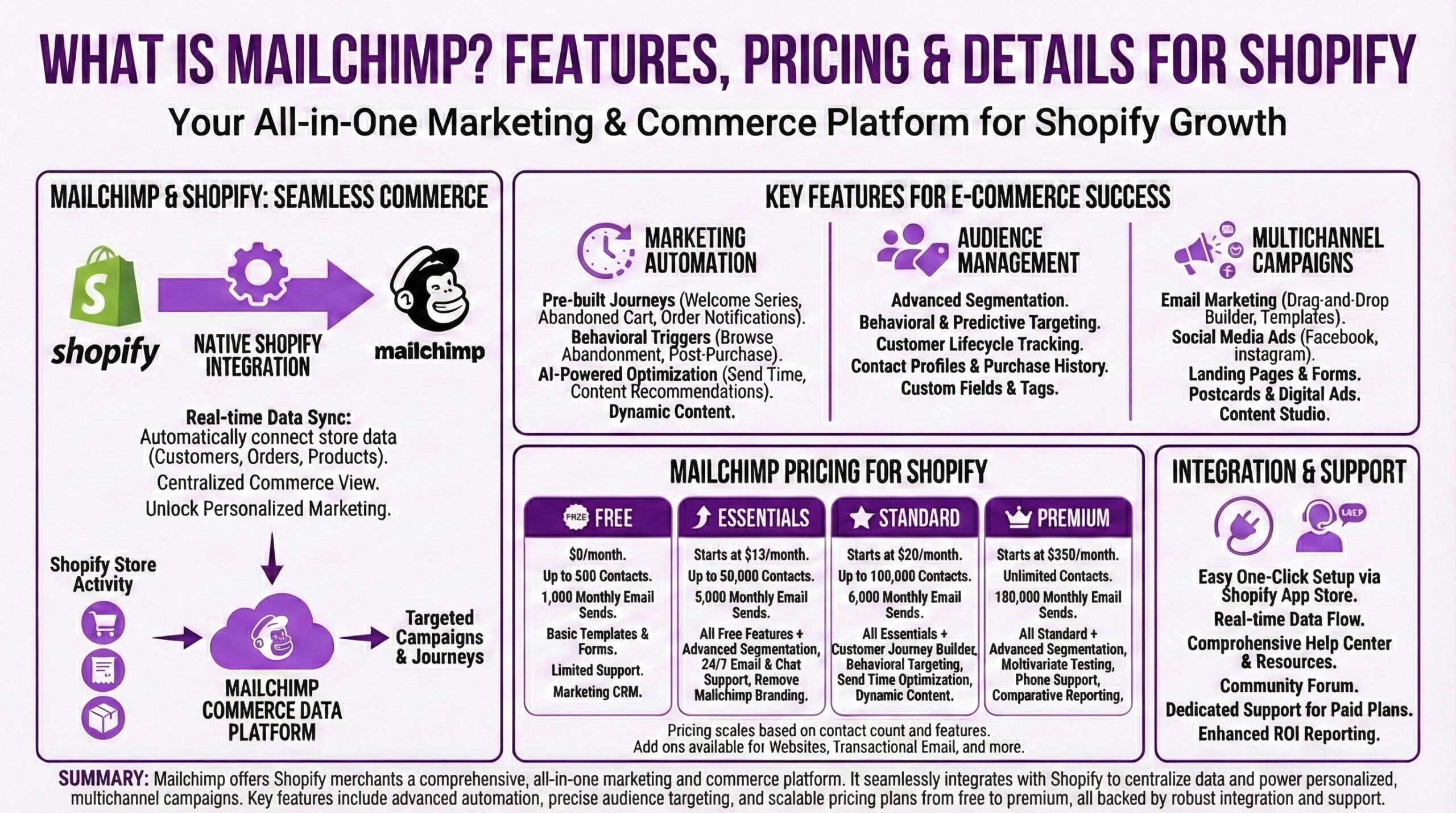 Infographic explaining Mailchimp's features and pricing for Shopify stores, showing the native Shopify integration and commerce data platform, key capabilities including marketing automation with pre-built journeys, audience management with advanced segmentation, and multichannel campaigns spanning email, social ads, and landing pages, with pricing tiers from free up to premium at $350 per month