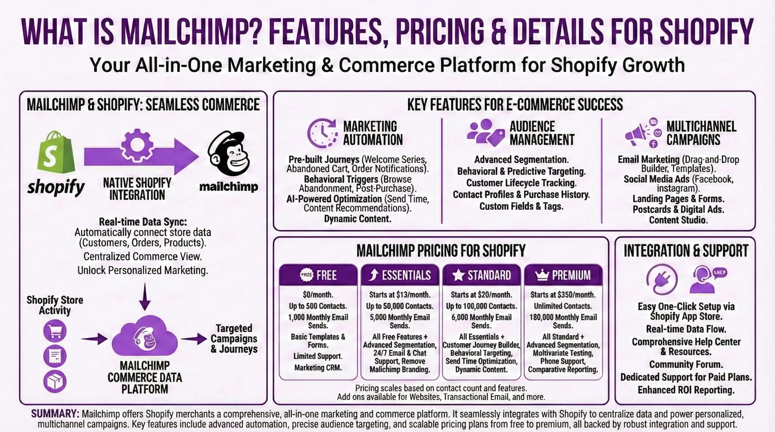 Infographic explaining Mailchimp's features and pricing for Shopify stores, showing the native Shopify integration and commerce data platform, key capabilities including marketing automation with pre-built journeys, audience management with advanced segmentation, and multichannel campaigns spanning email, social ads, and landing pages, with pricing tiers from free up to premium at $350 per month