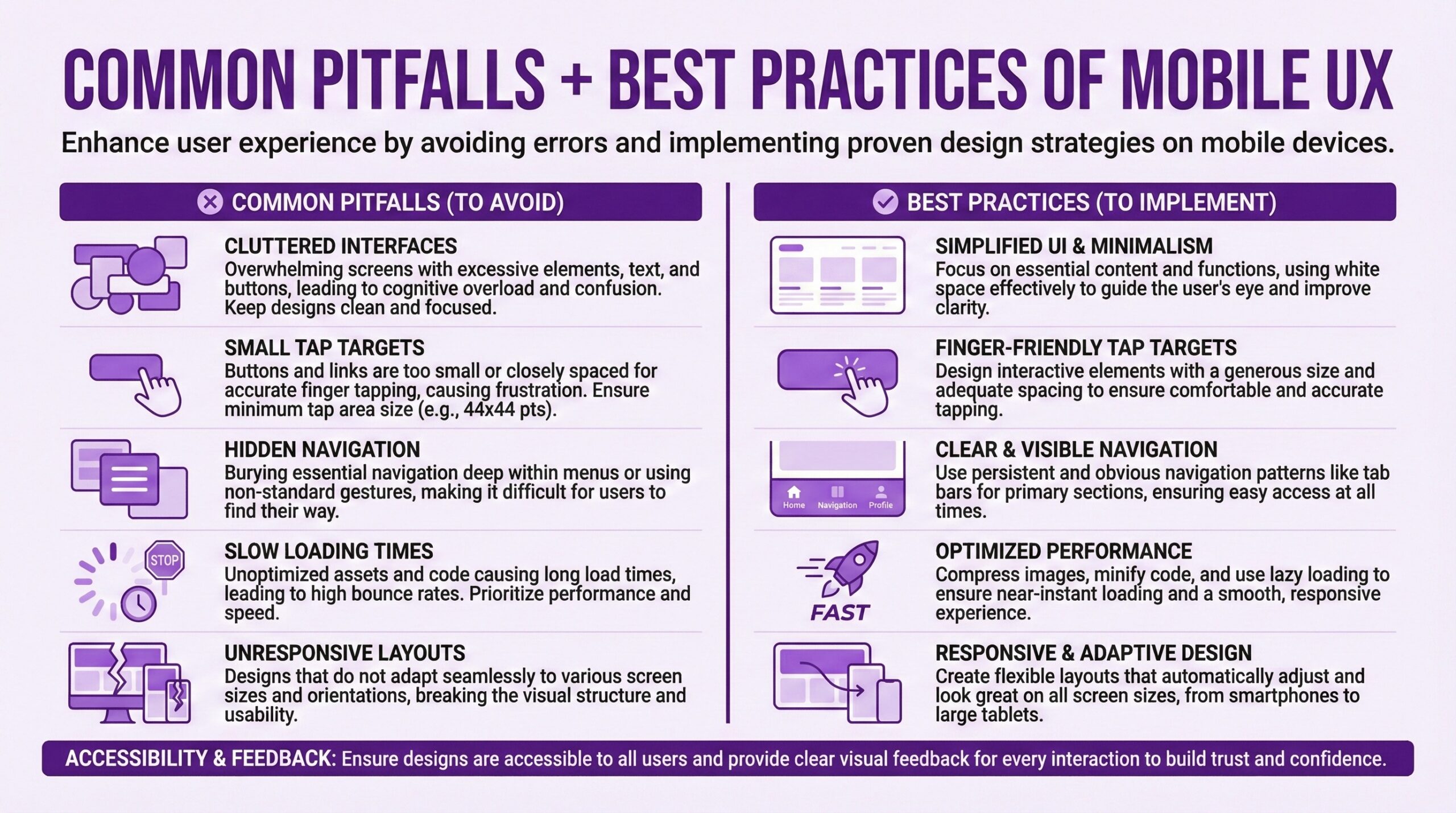 Side-by-side comparison of mobile UX pitfalls to avoid versus best practices to implement for Shopify e-commerce stores. Common pitfalls include cluttered interfaces overwhelming screens with excessive elements, text, and buttons leading to cognitive overload and confusion, small tap targets with buttons and links too small or closely spaced for accurate finger tapping causing frustration with minimum recommended tap area of 44x44 points, hidden navigation burying essential navigation deep within menus or using non-standard gestures making it difficult for users to find their way, slow loading times from unoptimized assets and code causing long load times and high bounce rates, and unresponsive layouts that do not adapt seamlessly to various screen sizes and orientations breaking visual structure and usability. Best practices include simplified UI and minimalism focusing on essential content and functions using white space to guide the user's eye and improve clarity, finger-friendly tap targets designing interactive elements with generous size and adequate spacing for comfortable accurate tapping, clear and visible navigation using persistent and obvious navigation patterns like tab bars for primary sections ensuring easy access at all times, optimized performance compressing images, minifying code, and using lazy loading for near-instant loading and smooth responsive experience, and responsive and adaptive design creating flexible layouts that automatically adjust and look great on all screen sizes from smartphones to large tablets. Footer emphasizes accessibility and feedback ensuring designs are accessible to all users and providing clear visual feedback for every interaction to build trust and confidence