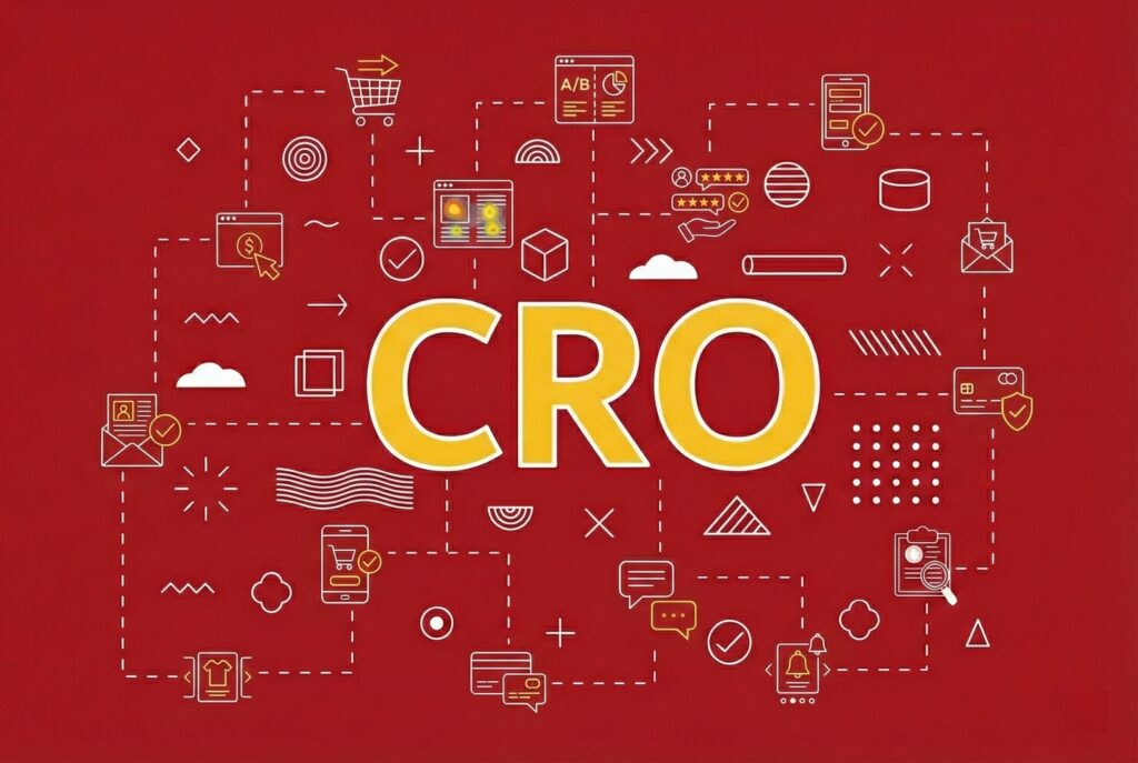 Conversion rate optimization concept illustration showing CRO text in large yellow letters against red background surrounded by icons representing key e-commerce optimization elements including shopping cart, A/B testing, analytics dashboards, mobile devices, email marketing, customer reviews and ratings, payment processing, user targeting, product displays, security badges, chat support, data storage, notifications, and checkout flows demonstrating the interconnected components of a comprehensive Shopify CRO strategy