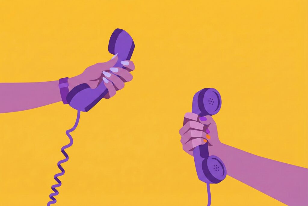 Stylized illustration of two hands holding purple vintage telephone handsets against a yellow background, representing communication during a Shopify Certified Partner agency discovery call where ecommerce merchants and shopify expert agencies connect to evaluate mutual fit for e-commerce projects