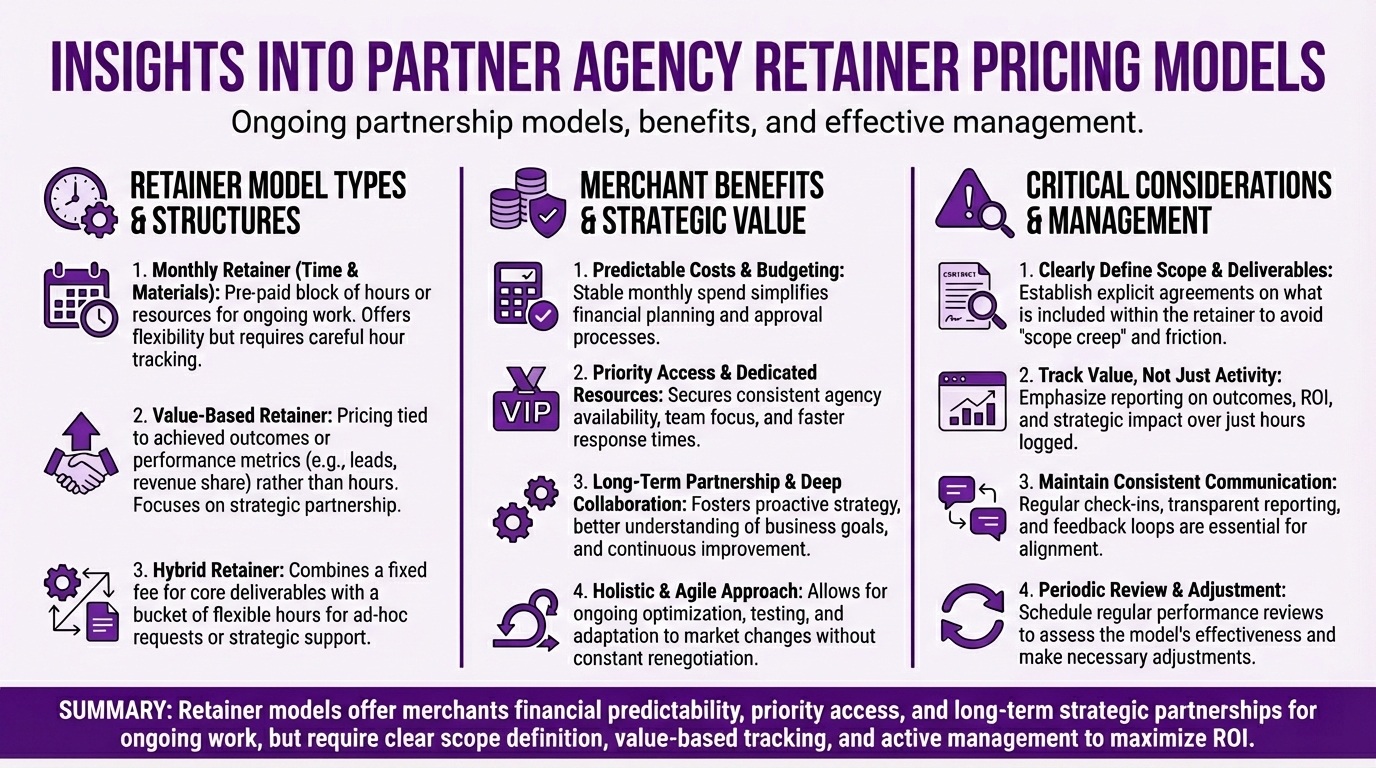 Reference guide to Shopify Partner agency retainer pricing models covering types, benefits, and management considerations. Retainer model types include monthly retainer with pre-paid block of hours or resources for ongoing work offering flexibility but requiring careful hour tracking, value-based retainer with pricing tied to achieved outcomes or performance metrics like leads and revenue share rather than hours focusing on strategic partnership, and hybrid retainer combining fixed fee for core deliverables with a bucket of flexible hours for ad-hoc requests or strategic support. Merchant benefits and strategic value include predictable costs and budgeting with stable monthly spend simplifying financial planning, priority access and dedicated resources securing consistent agency availability and faster response times, long-term partnership and deep collaboration fostering proactive strategy and continuous improvement, and holistic agile approach allowing ongoing optimization and adaptation to market changes without constant renegotiation. Critical considerations include clearly defining scope and deliverables to avoid scope creep and friction, tracking value not just activity by emphasizing reporting on outcomes and strategic impact over hours logged, maintaining consistent communication through regular check-ins and transparent reporting, and periodic review and adjustment through scheduled performance reviews to assess model effectiveness