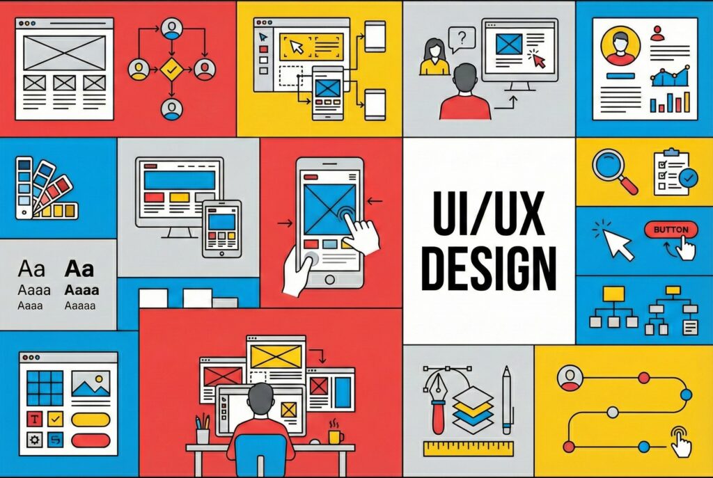 Colorful collage illustration representing UI/UX design concepts for e-commerce including wireframing, user flow diagrams, responsive design across desktop and mobile devices, typography selection, color palette choices, user research, prototyping, button design, site architecture mapping, and a designer working at a computer creating web layouts for Shopify stores