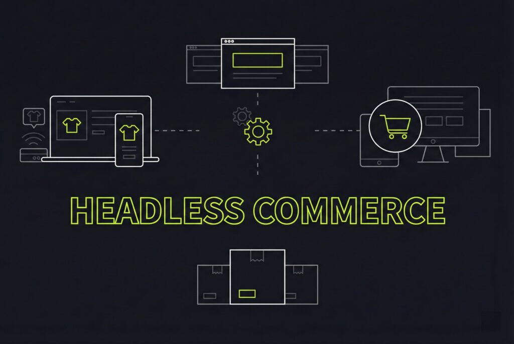 Headless commerce concept illustration showing decoupled Shopify architecture connecting multiple touchpoints including desktop, mobile, web browser, shopping cart, and fulfillment systems through a central API layer, demonstrating how headless Shopify separates frontend presentation from backend ecommerce functionality