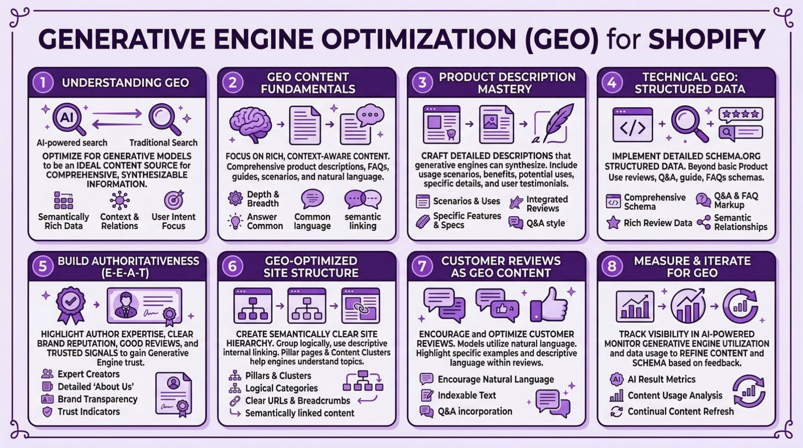 Comprehensive eight-part guide to Generative Engine Optimization for Shopify covering strategies to optimize product pages for AI-powered search. Section 1 understanding GEO explains optimizing for generative models to be an ideal content source for comprehensive, synthesizable information, focusing on semantically rich data, context and relations, and user intent rather than traditional search alone. Section 2 GEO content fundamentals emphasizes focusing on rich, context-aware content including comprehensive product descriptions, FAQs, guides, scenarios, and natural language, prioritizing depth and breadth, answering common questions, using common language, and semantic linking. Section 3 product description mastery covers crafting detailed descriptions that generative engines can synthesize including usage scenarios, benefits, potential uses, specific details, and user testimonials, incorporating scenarios and uses, specific features and specs, integrated reviews, and Q&A style content. Section 4 technical GEO structured data covers implementing detailed Schema.org structured data beyond basic Product schema using reviews, Q&A, guide, and FAQs schemas with comprehensive schema markup, Q&A and FAQ markup, rich review data, and semantic relationships. Section 5 build authoritativeness E-E-A-T covers highlighting author expertise, clear brand reputation, good reviews, and trusted signals to gain generative engine trust through expert creators, detailed About Us pages, brand transparency, and trust indicators. Section 6 GEO-optimized site structure covers creating semantically clear site hierarchy by grouping logically, using descriptive internal linking, and building pillar pages and content clusters to help engines understand topics through logical categories, clear URLs and breadcrumbs, and semantically linked content. Section 7 customer reviews as GEO content covers encouraging and optimizing customer reviews since AI models utilize natural language, highlighting specific examples and descriptive language within reviews by encouraging natural language, ensuring indexable text, and Q&A incorporation. Section 8 measure and iterate for GEO covers tracking visibility in AI-powered search, monitoring generative engine utilization and data usage to refine content and schema based on feedback through AI result metrics, content usage analysis, and continual content refresh
