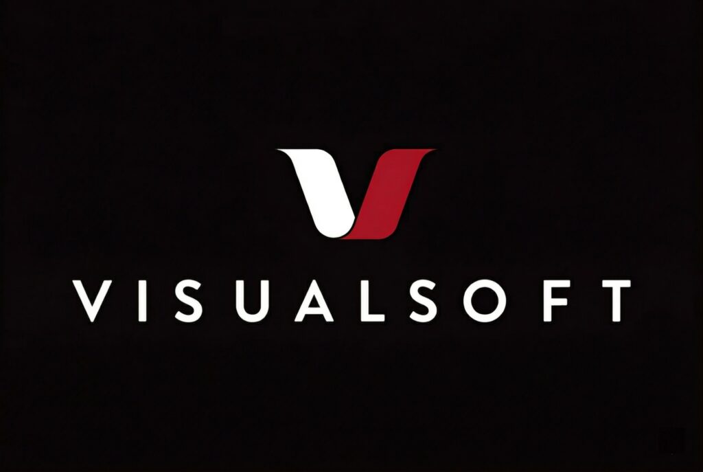 VisualSoft logo displayed with white and red V icon against black background, representing the UK-based e-commerce platform from which merchants may consider migrating to Shopify Plus for expanded scalability, app ecosystem access, and global commerce capabilities