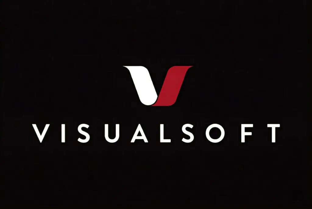 VisualSoft logo displayed with white and red V icon against black background, representing the UK-based e-commerce platform from which merchants may consider migrating to Shopify Plus for expanded scalability, app ecosystem access, and global commerce capabilities
