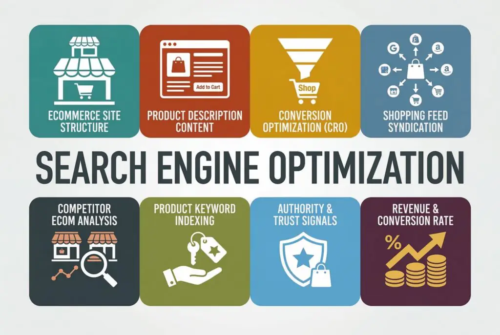 Infographic explaining how Bold Match helps merchants find and hire qualified Shopify SEO agencies. Top section highlights SEO goals including boosting organic traffic, increasing store sales, improving search rankings against competitors, enhancing brand visibility, technical SEO optimization ensuring crawlability and indexing, and content strategy creation. The Shopify SEO challenge section explains that finding a trustworthy and experienced Shopify SEO agency is daunting since vetting technical skills, reviewing case studies, and ensuring cultural fit can take months often leading to costly hiring mistakes or delays. Key challenges include complexity of SEO with intricate technical and content demands, finding niche expertise since true Shopify knowledge is rare, and vetting and due diligence where verifying claims and skills is critical. The Bold Match three-step process includes defining your SEO needs with goals, budget, and project scope, receiving curated matches from pre-vetted agency partners, and interviewing and selecting by connecting with hand-picked agencies. Process benefits include direct introductions skipping the long outreach phase, saves time with streamlined path to hiring, and expert vetting where only proven agencies are presented. Benefits and advantages include reduced hiring risk from pre-screened agencies, accelerated timeline finding a partner faster, pre-vetted quality through rigorous skill assessment, and proven results focusing on agencies with track records, providing peace of mind and access to a trusted network to accelerate hiring, minimize risk, and secure partnership with a pre-qualified agency focused on driving real results.