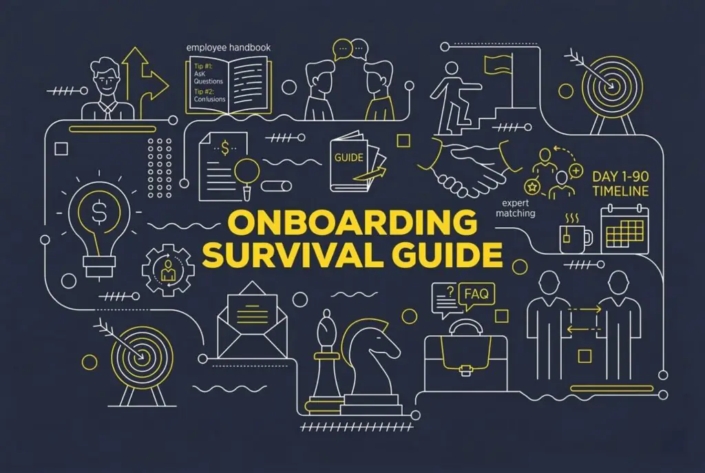 Onboarding survival guide concept illustration showing key elements of Shopify Partner agency onboarding process including employee handbook with tips for asking questions, day 1-90 timeline, expert matching, FAQ resources, goal-setting targets, team collaboration, handshake agreements, communication channels, strategic planning with chess piece metaphor, budget discussions, guide documentation, and workflow processes all connected in an interconnected system representing the comprehensive approach to successful agency partnership kickoffs