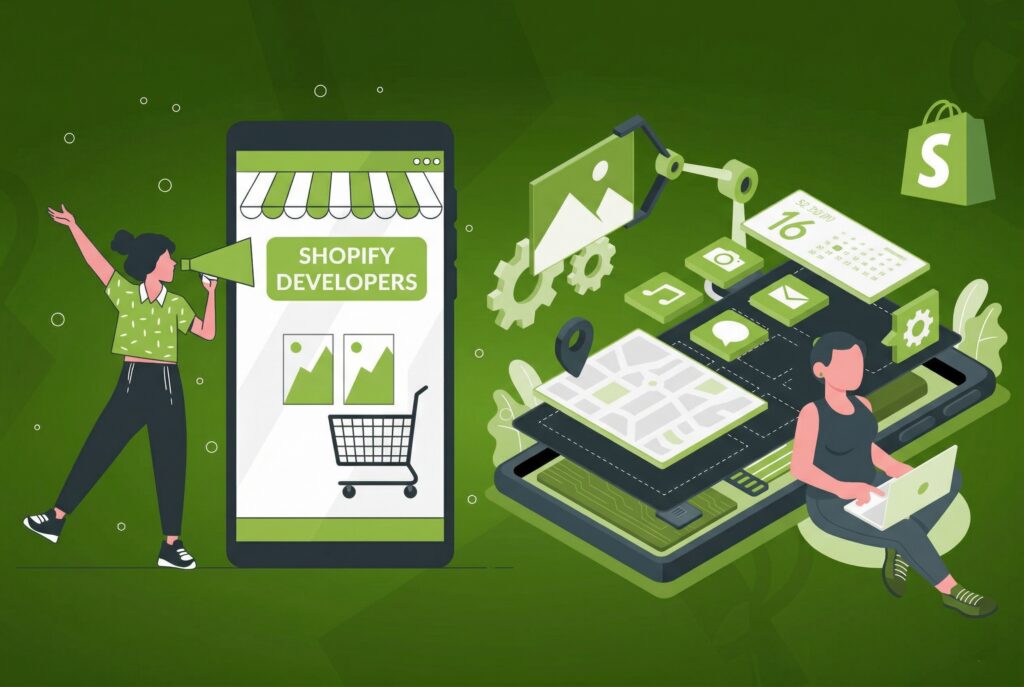 Illustrated concept showing what Shopify developers are and what they do, featuring a merchant presenting a mobile storefront displaying Shopify Developers label with product images and shopping cart, alongside a developer working on laptop surrounded by floating elements representing app integrations, calendar scheduling, messaging, maps and location services, image optimization, automation, and the Shopify shopping bag logo, demonstrating how Shopify developers build, customize, and integrate e-commerce functionality for online stores
