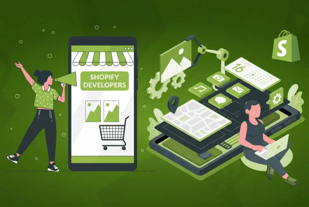 Illustrated concept showing what Shopify developers are and what they do, featuring a merchant presenting a mobile storefront displaying Shopify Developers label with product images and shopping cart, alongside a developer working on laptop surrounded by floating elements representing app integrations, calendar scheduling, messaging, maps and location services, image optimization, automation, and the Shopify shopping bag logo, demonstrating how Shopify developers build, customize, and integrate e-commerce functionality for online stores